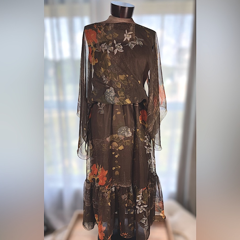 Vintage retro rare dress - 1970s sheer brown and multicolor dress Medium - Large